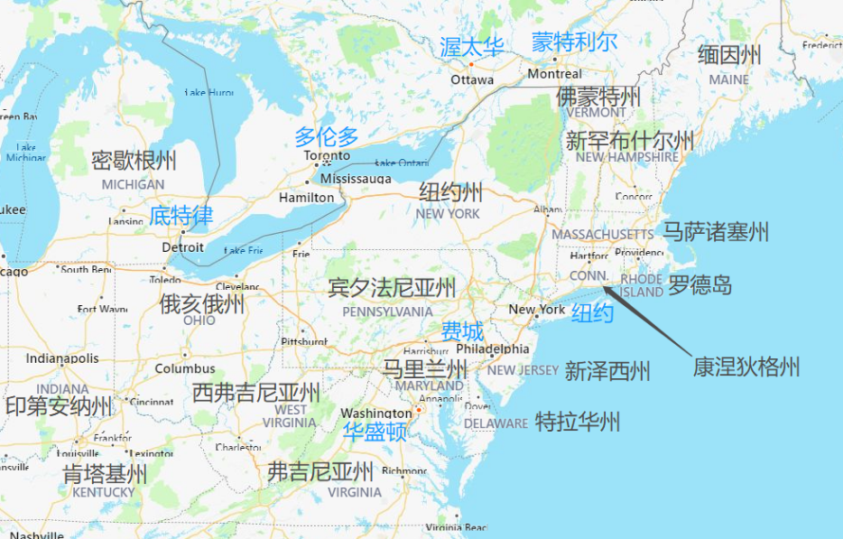 我们将美国东北部区域的地图放大一下,来看看各大重要州和城市的地理