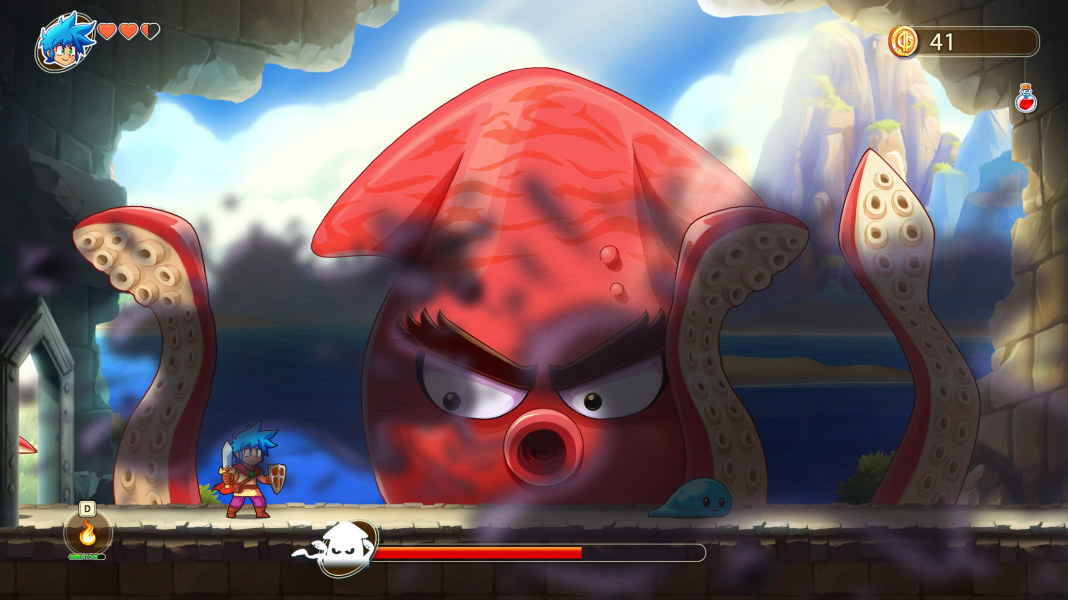 主角喷射毒液;巨大的雨林怪蛙boss爱将主角吞入腹中在其肠胃中走迷宫