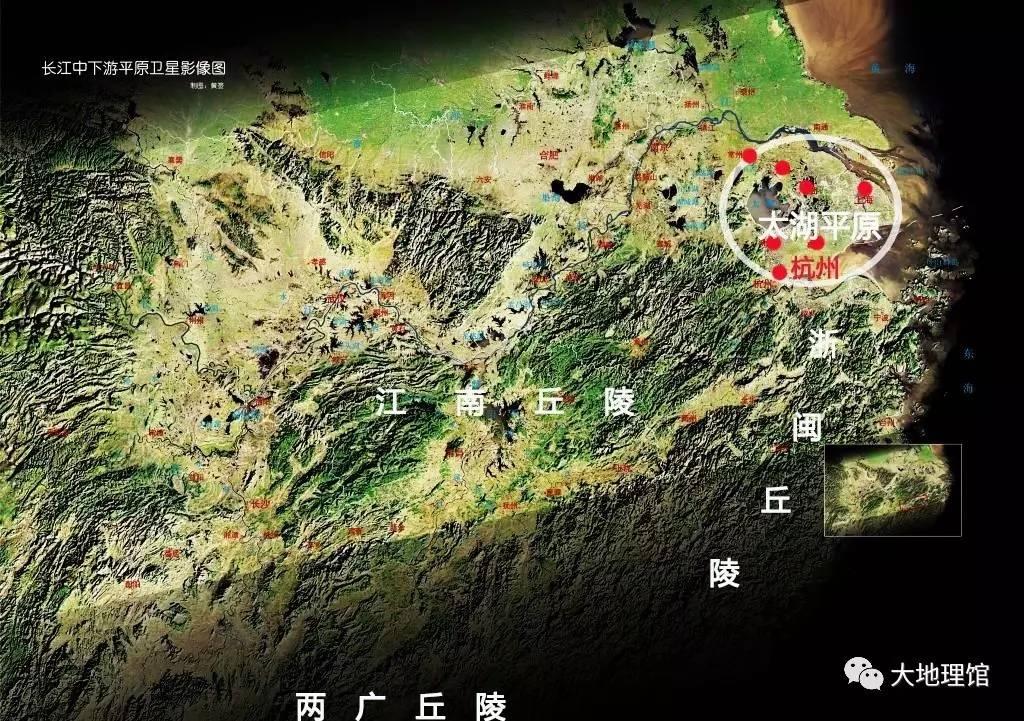 太湖平原及周邊地區地形遙感圖▲杭州與太湖平原,錢塘江的位置關係