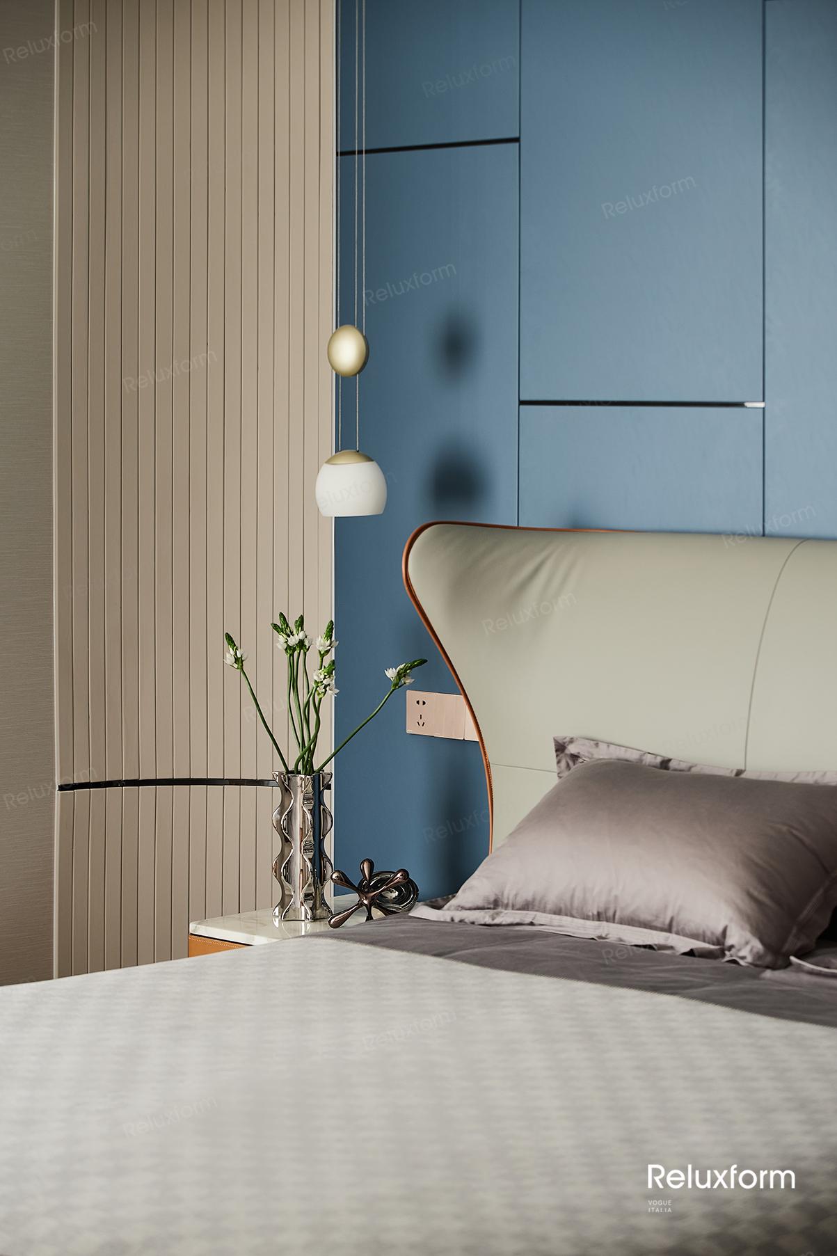 双人床床头两侧内凹的c型环抱设计,符合人体工程学,打造舒适的倚靠