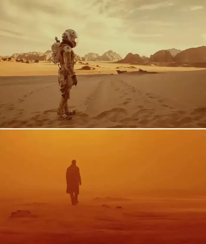 还有电影美学,科技和未来派,让人联想起《火星救援》,《银翼杀手2049