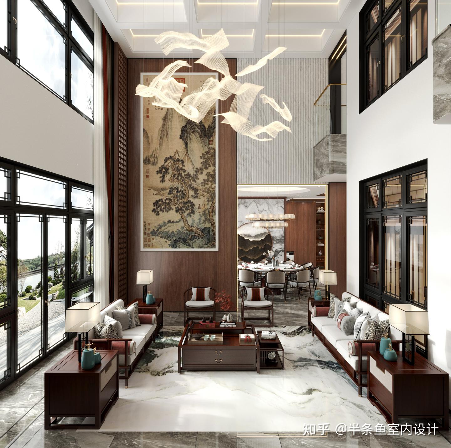 几种二楼挑空新中式客厅设计欣赏 - 知乎