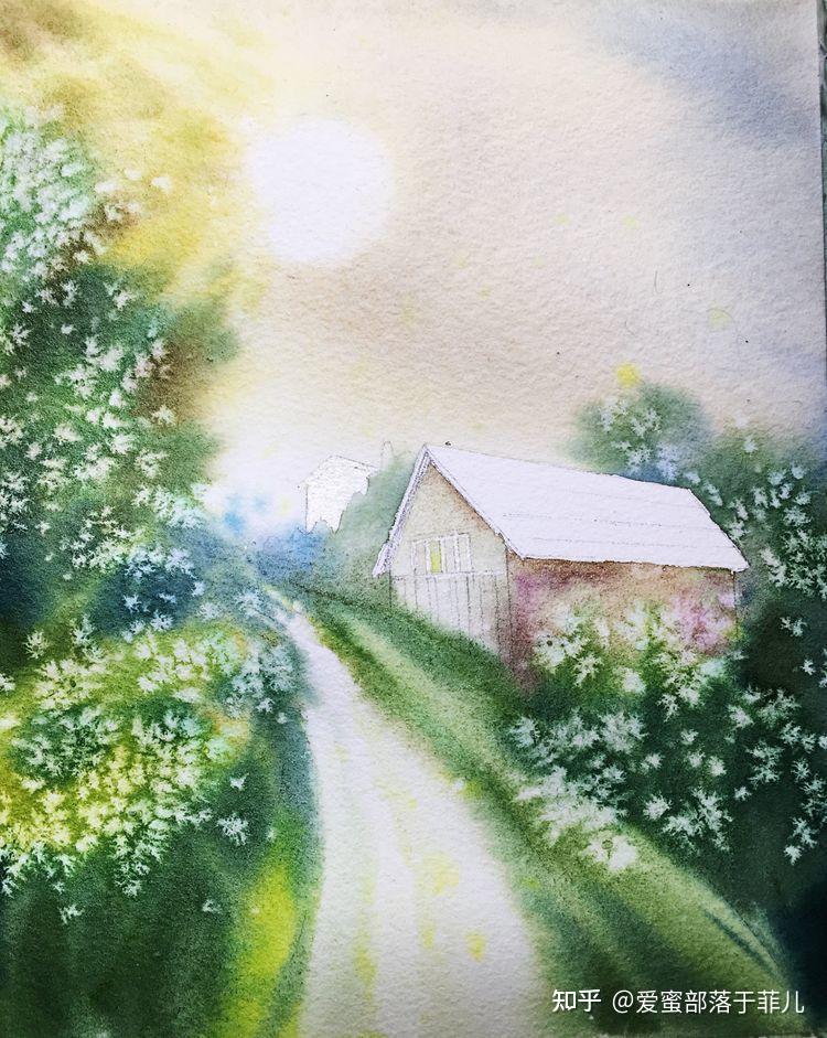 用撒盐法简单画一幅乡村小道水彩教程