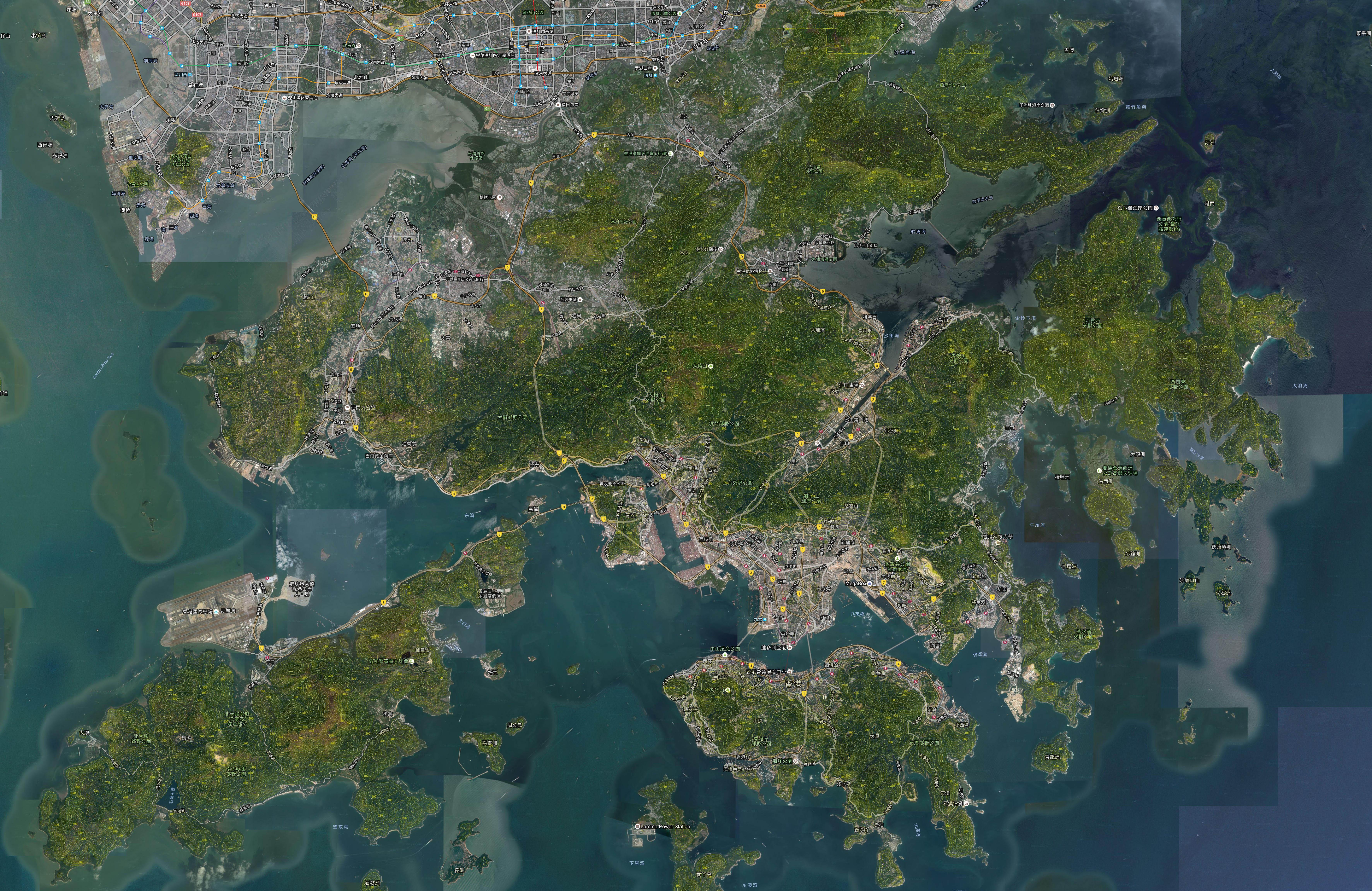 请看叠加了等高线的香港卫星地图(点开大图后等待几秒图片才加载完