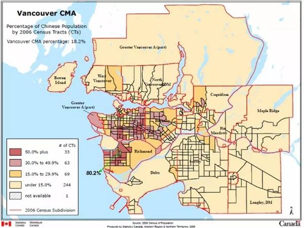 大温哥华各街区华人分布比率(来源:温哥华都市区域人口普查)