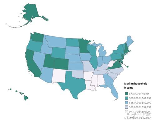 美國中產家庭年收入分佈圖,可以看到東西海岸的消費能力較強,像西部的