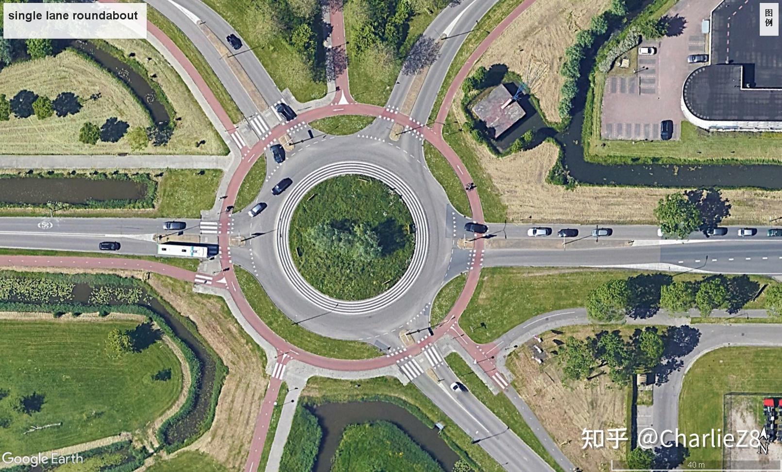 连接环岛的道路并不直接相交,而是通过环岛中圆环形的道路相连.