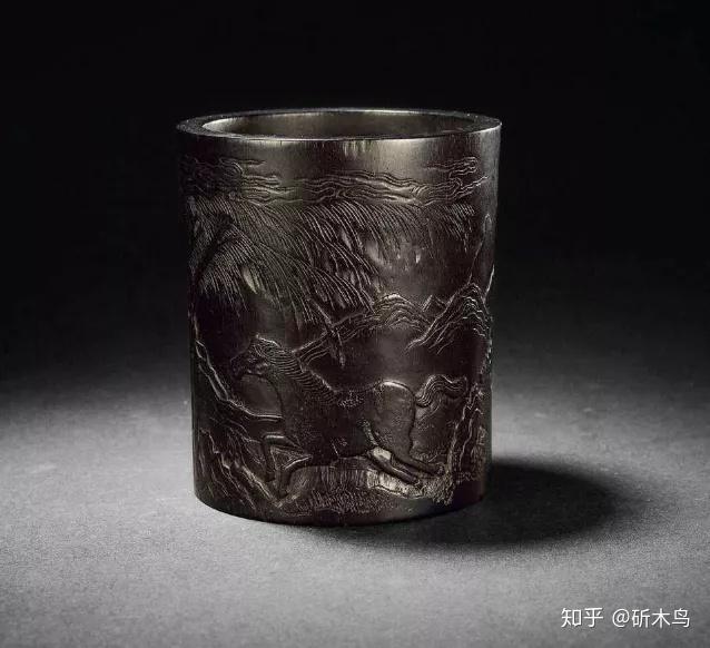 ▽鴻▽清時代 珍木紫檀 漢詩紋三足筆筒 細密毛彫 書