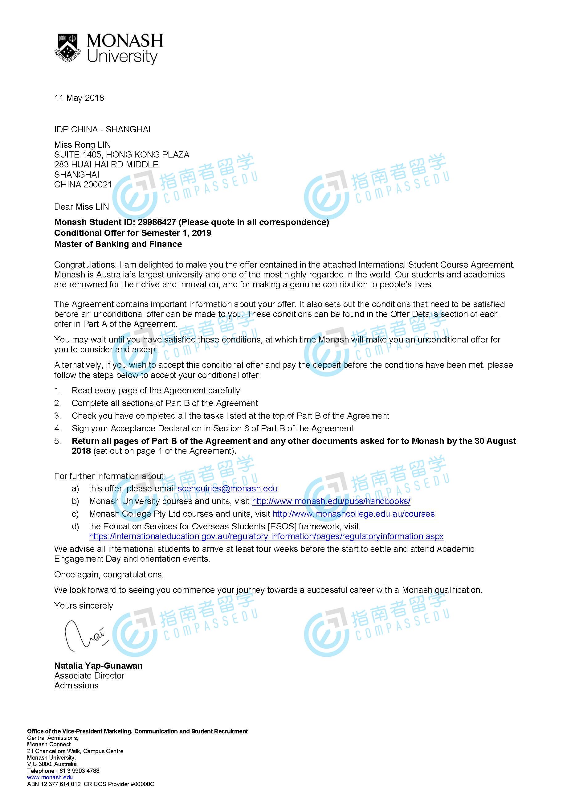 莫纳什大学银行与金融学硕士研究生offer一枚