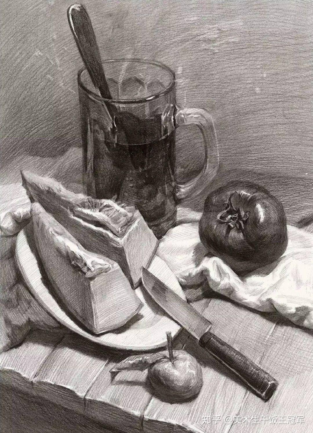 静物素描临摹范本,超细致刻画