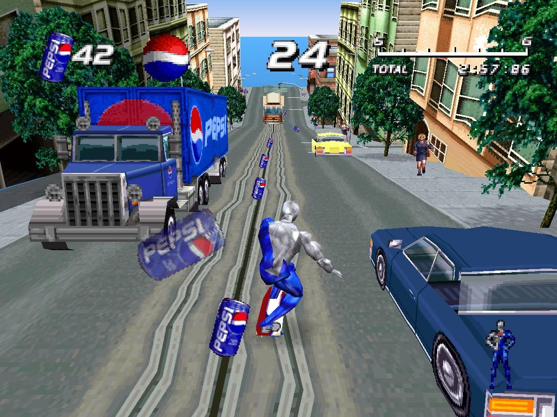 百事可乐就曾经在playstation上推出过一款名为"百事超人(pepsiman)