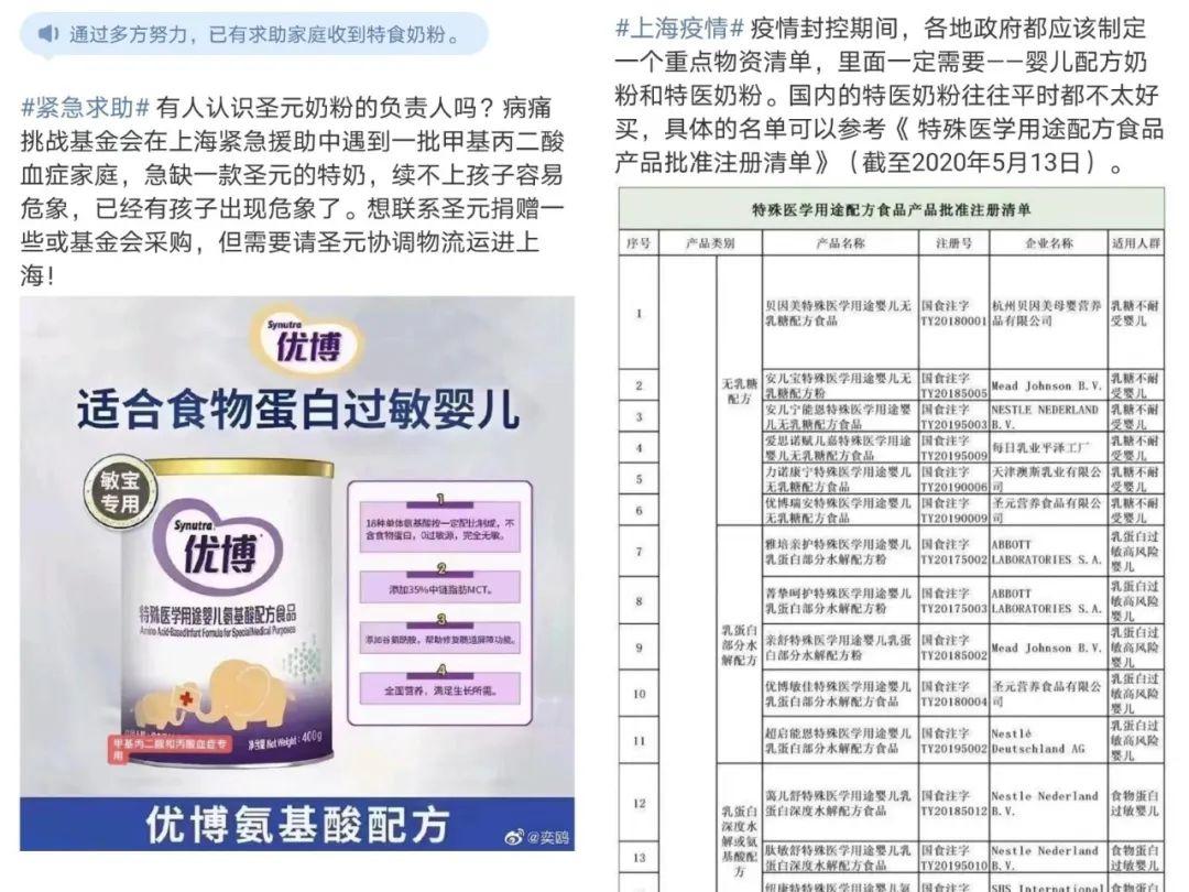甲基丙二酸血症家庭急求某款特医奶粉,最终得到解决;图片来源:微博@奕