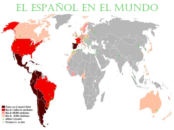 这张是全世界说西班牙语人群的分布图,有颜色的区域都是有人说西班牙