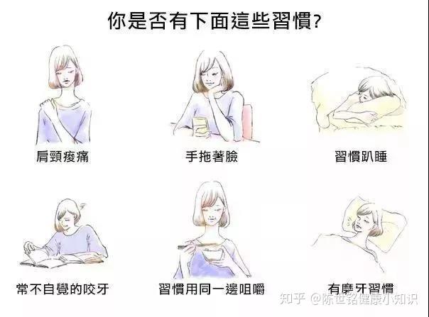 习惯用手撑着脸看书或思考问题;长期一侧背单肩包;长期侧卧等;大小脸