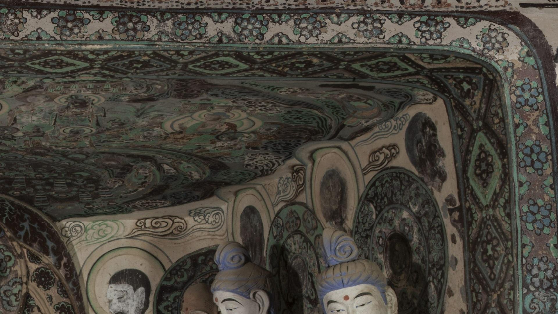 盛唐-敦煌172窟西壁龛顶-右侧:说法图,飞天,龛沿边饰【1920x1080 高清