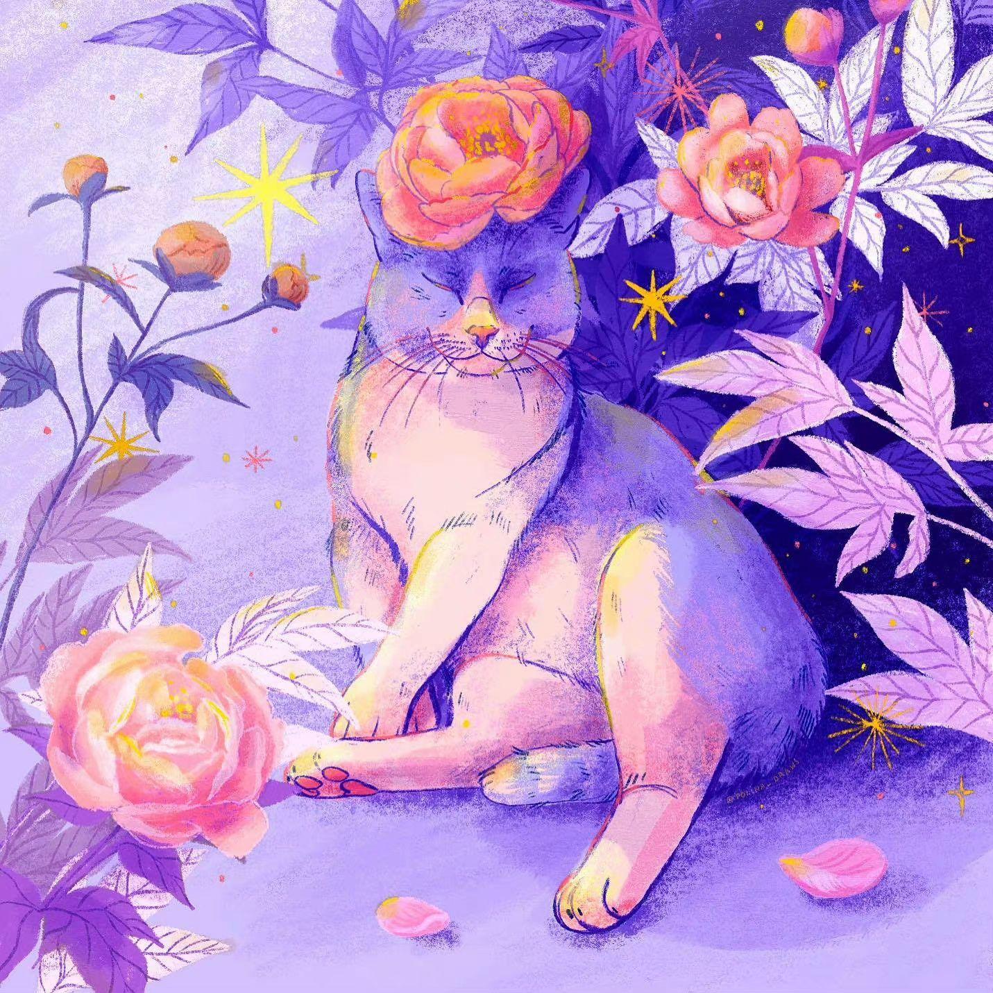 一组紫色小猫咪插画师polinadraws