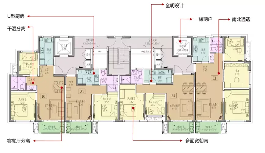 電梯可直達地下車庫75平米主力戶型兩個臥室及客廳全部朝南一梯兩戶