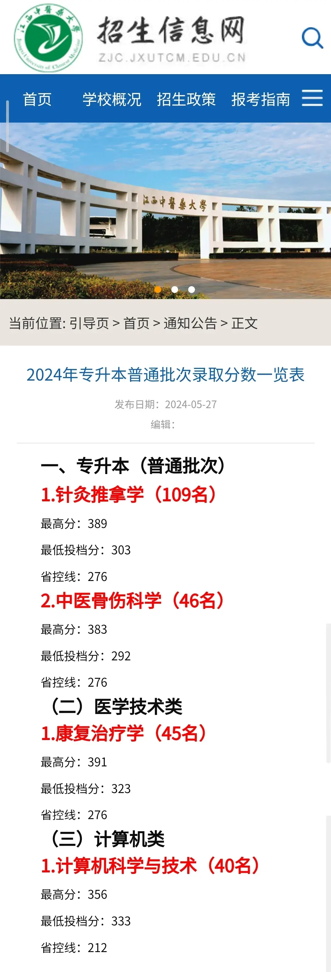 江西中医药大学2024年专升本普通批次录取分数一览表