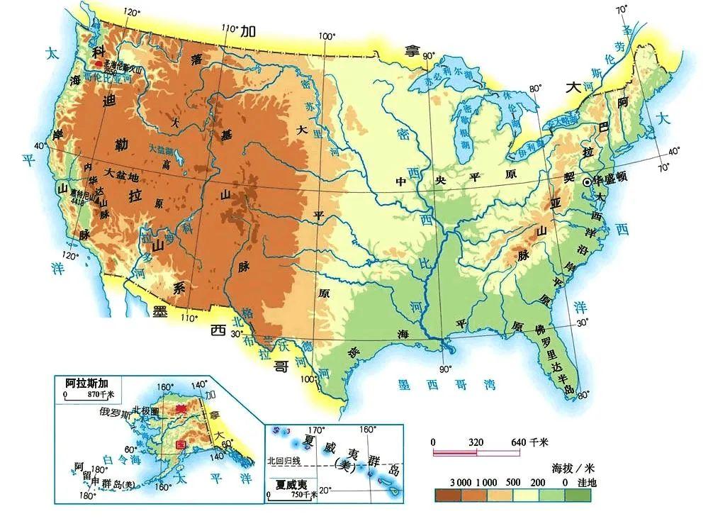 美国地形图示意图图片