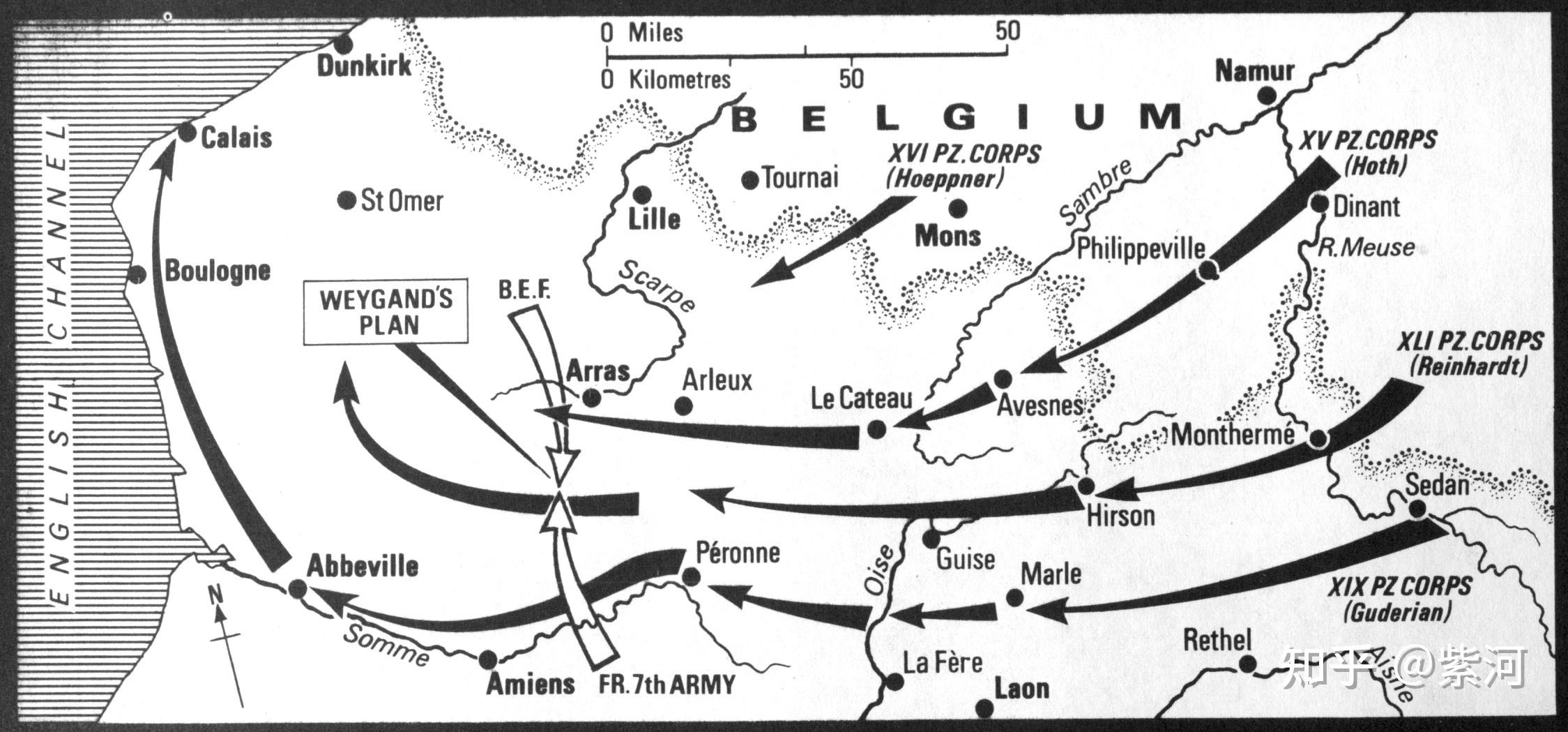 克莱斯特最初在5月20日将古德里安的第19摩托化军部署在索姆河畔,以