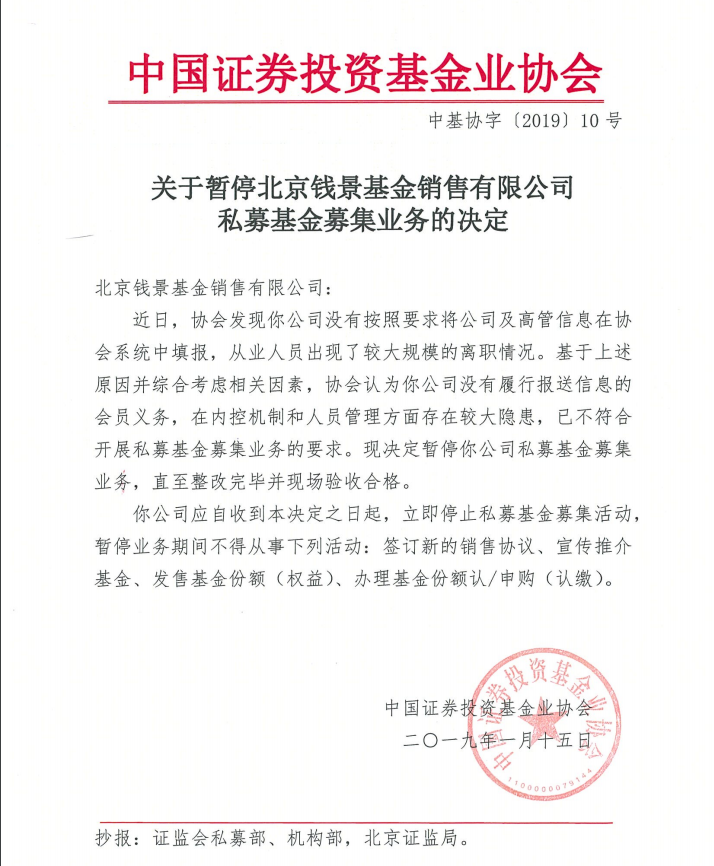 中基协开出2019年首张基金销售罚单,北京钱景再度被罚 - 知乎