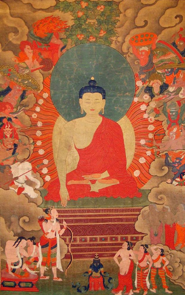 法藏伯希和敦煌唐代大型绢画降魔成道图附释迦传记节选菩提树下降魔成