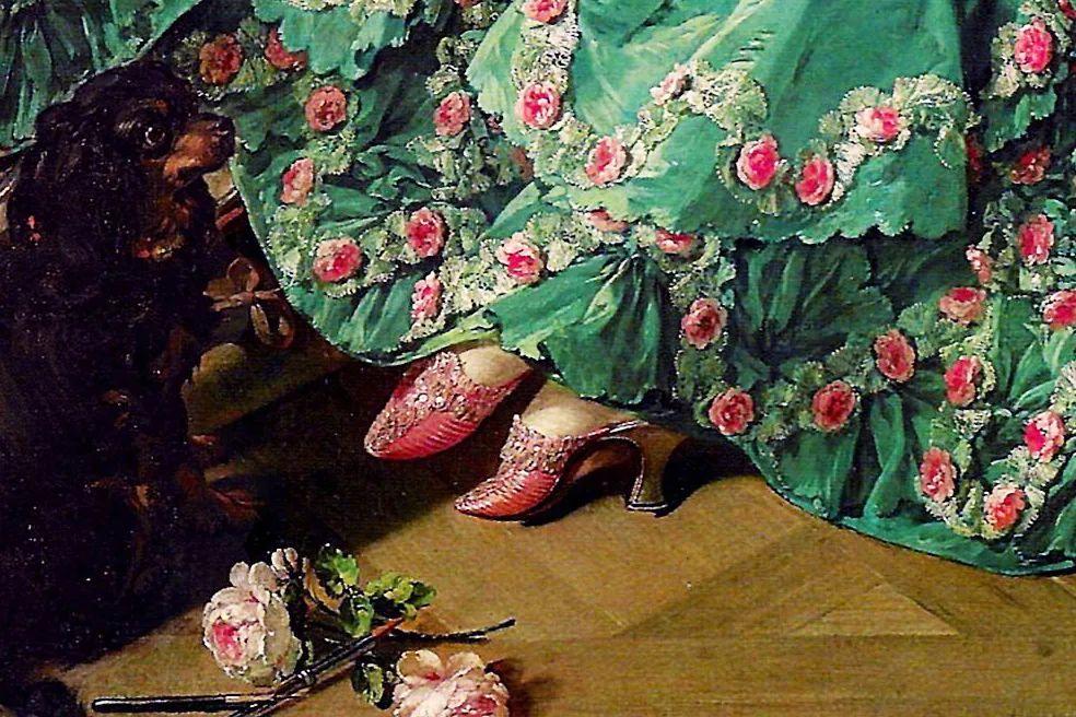 高跟鞋她穿着华丽的长裙洛可可画家布歇笔下的蓬巴杜夫人其次是油画