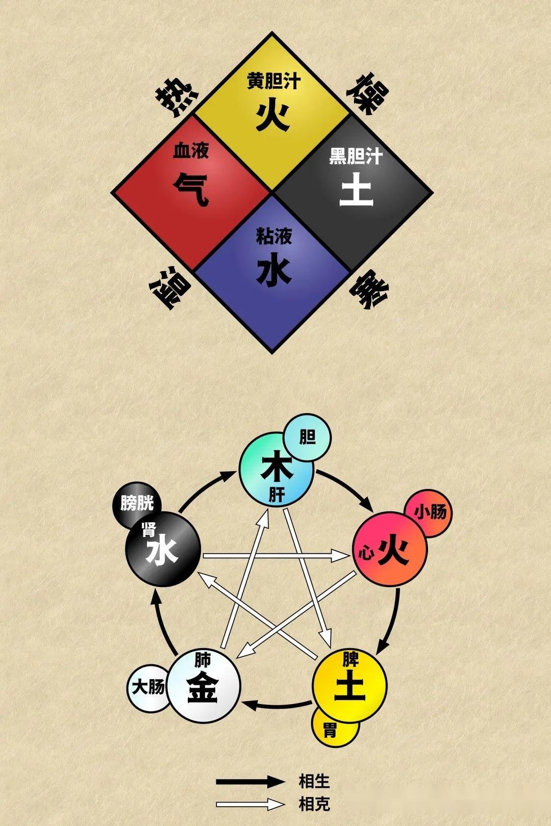 宇宙四要素的土,水,气,火古希腊医学家希波克拉底认为人体有四种液体