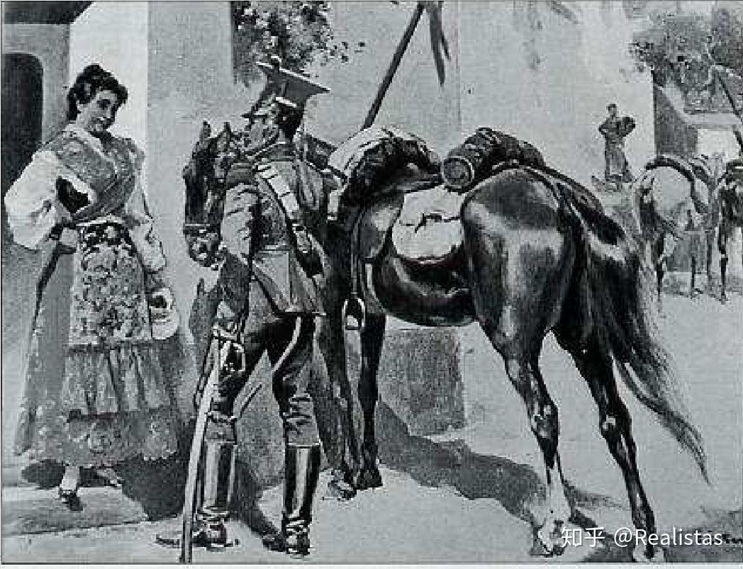 同村中一个女孩聊天,他身着缴获的帝国近卫波兰枪骑兵的制服1812年1月