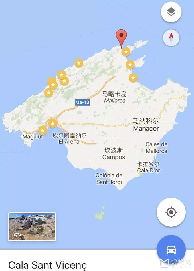 下图是马略卡岛的地图,定位的地方是小岛东部和西部的分界点,西部是
