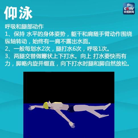 仰泳的动作要领口诀:仰泳身体要舒展,手要切忌左右摆,腿臂配合六比二