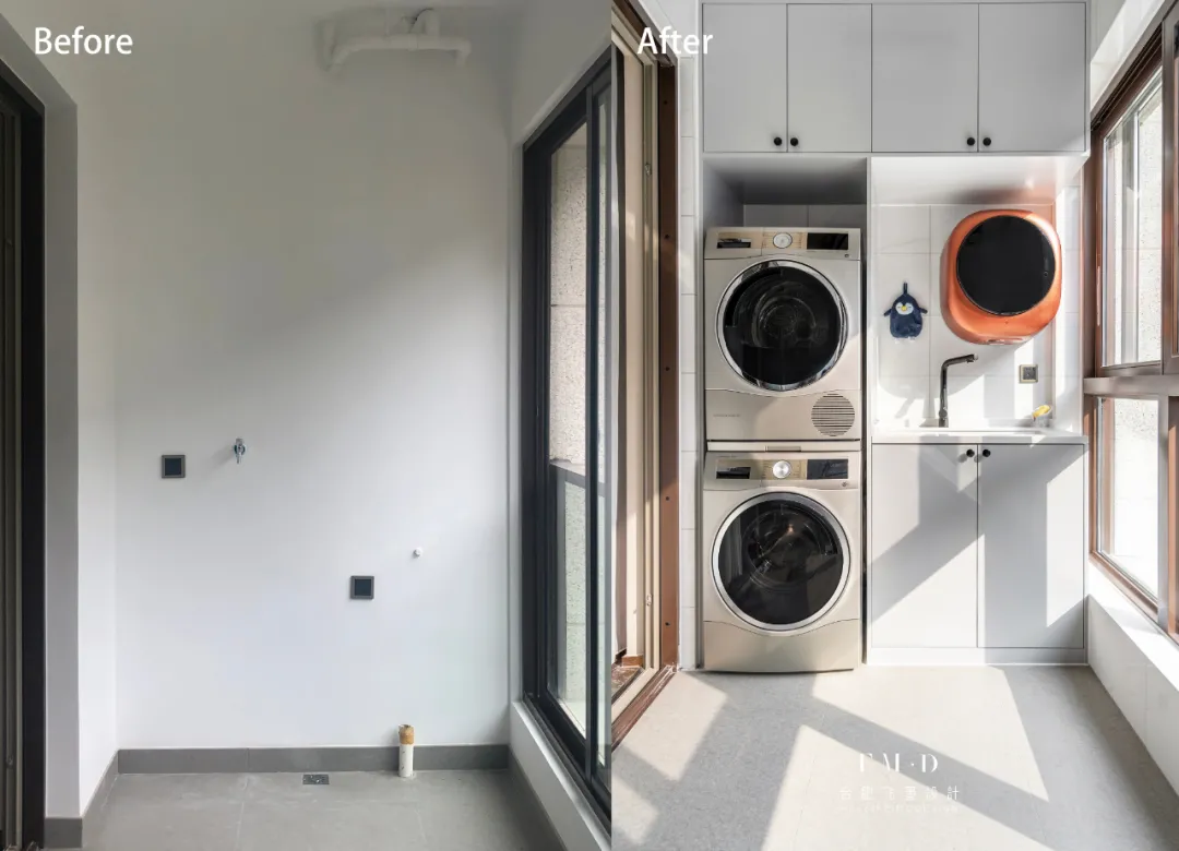 design阳台承载大部分家政功能,左侧洗衣区,右侧收纳区,将空间充分