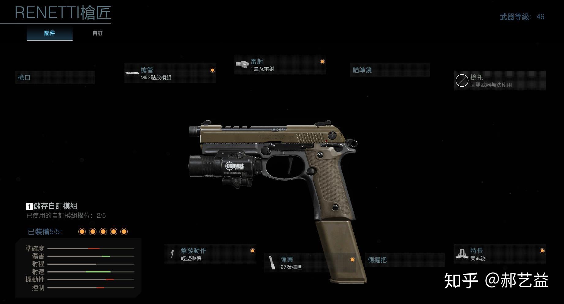 双持的配装是:枪管三连发(核心配件,变成三连发),一毫瓦镭射(增加腰射