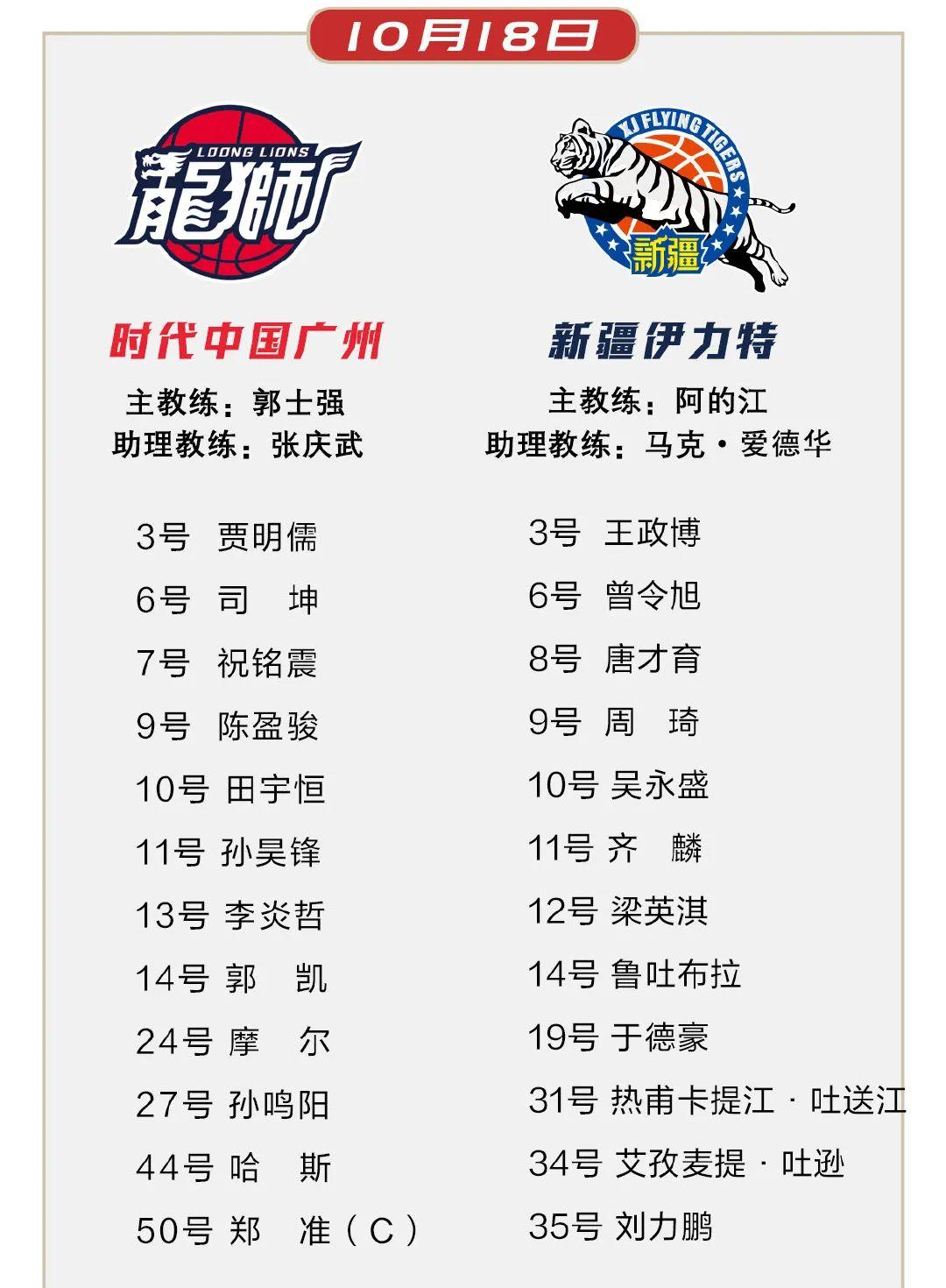 广州队拥有双外援:达拉斯-摩尔和艾萨克-哈斯,新疆队这边依然是全华班