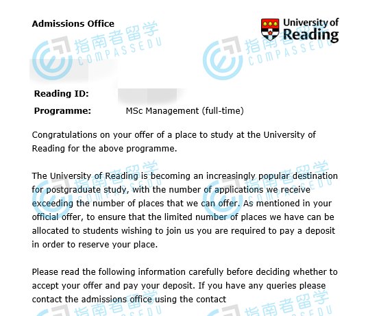 雷丁大学管理理学硕士研究生offer一枚