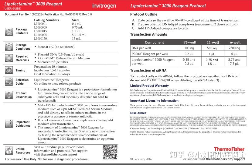详解转染利器lipo3000的使用说明书