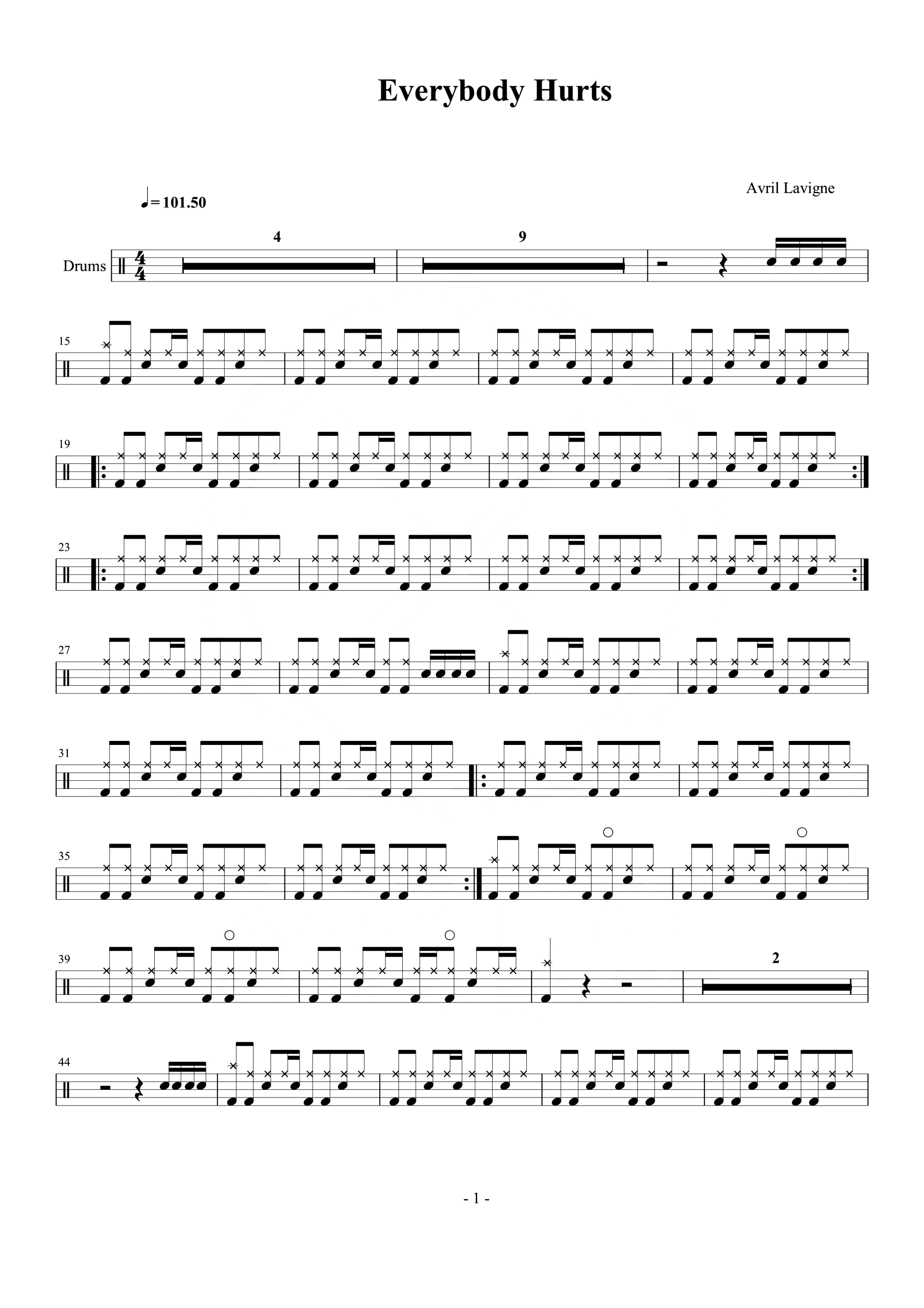 avrillavigneeverybodyhurts架子鼓谱高清版