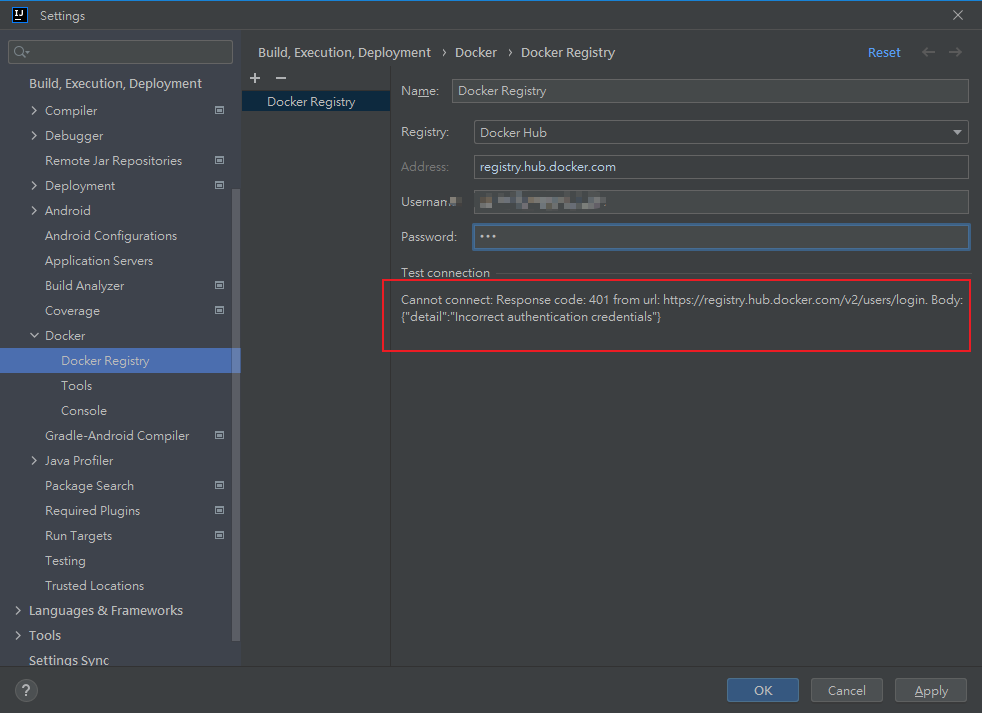 Cannot Connect Response Code 401 From Url Https registry hub docker 