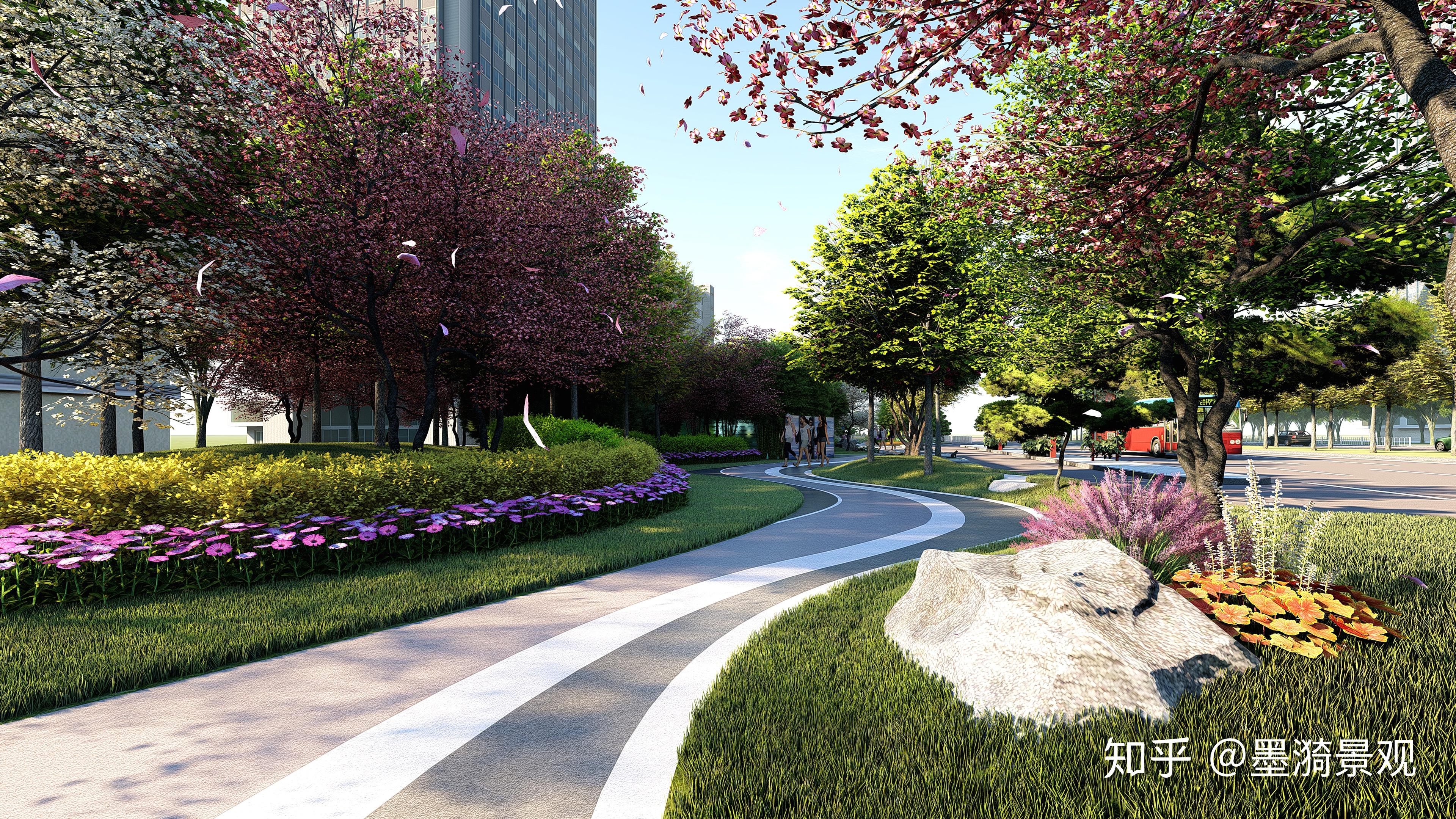 绿化设计以片林结合植物组团形式进行布置,节点位置以草地搭配造型