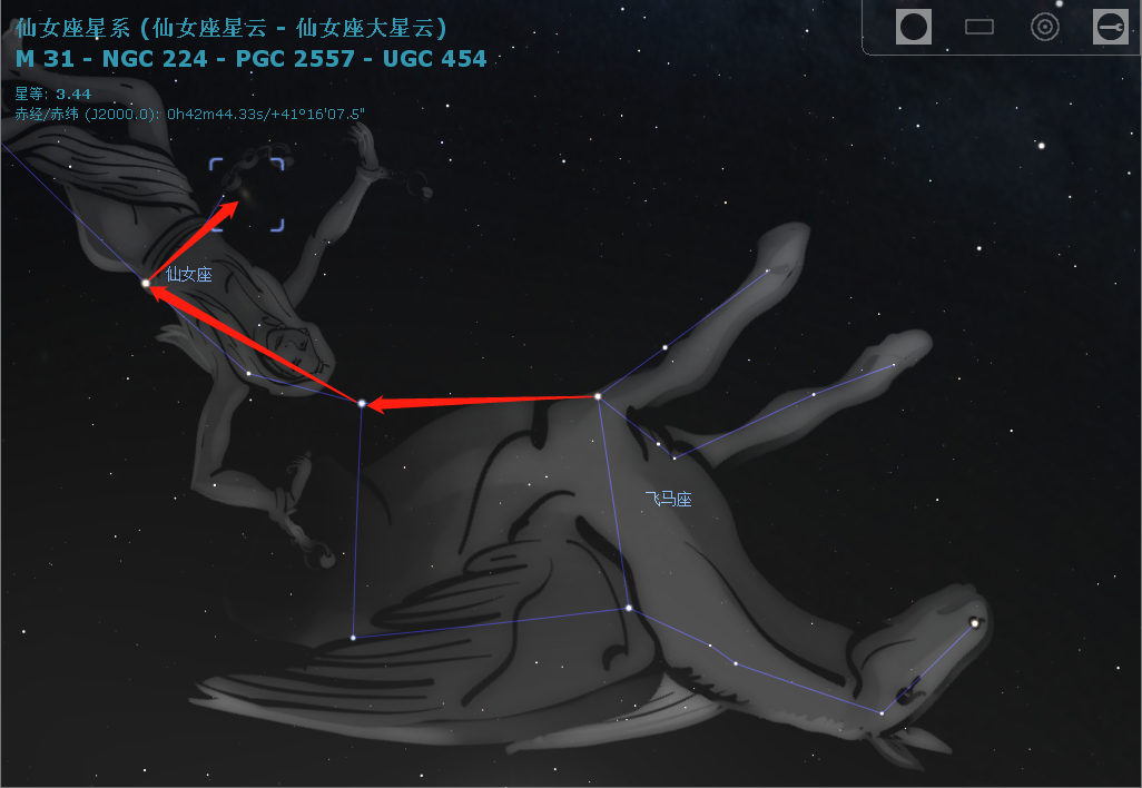 寻找方法:用飞马座的室宿二和仙女座的壁宿二作连线,往东北方向延伸
