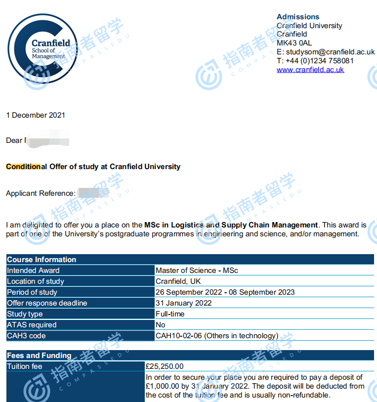 英國留學克蘭菲爾德大學物流與供應鏈管理理學研究生學費申請要求