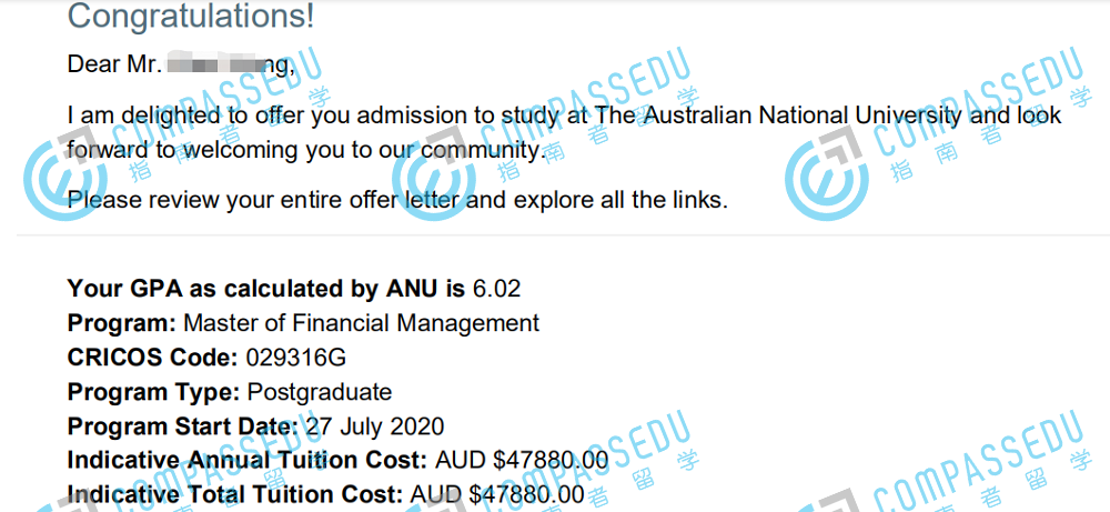澳大利亚国立大学财务管理硕士研究生offer一枚