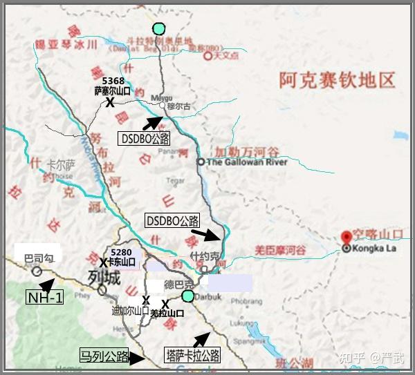 的楚舒勒和印度河谷,向西北可沿什约克河谷通往卡尔萨和锡亚琴冰川