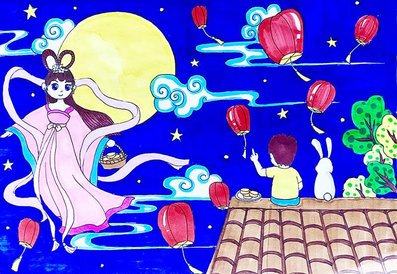 中秋节儿童画画彩图带打印涂色线稿