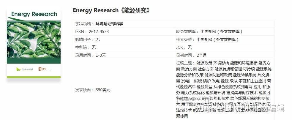 Energy Research《能源研究》知网国际英文期刊/能源政策 环境影响 能源和环境指标 经济方面 政治方面 社会方面 能源转换和管理