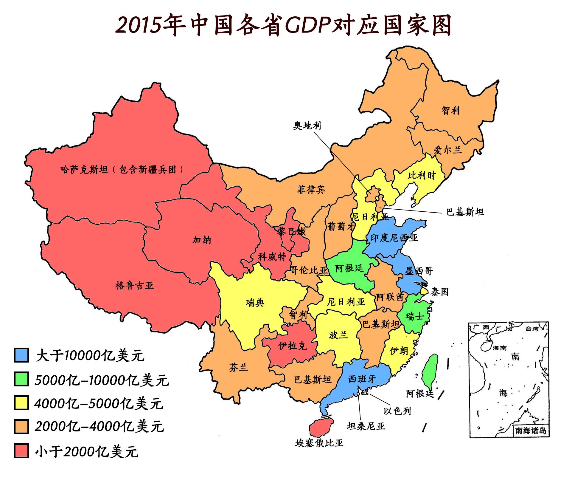 2015年中国各省gdp和世界各国的比较图