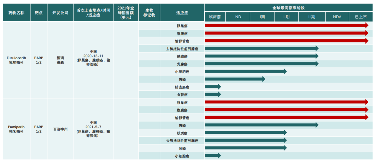 氟唑帕利/帕米帕利上市时间较晚,目前均已获批三个适应症,其它适应症