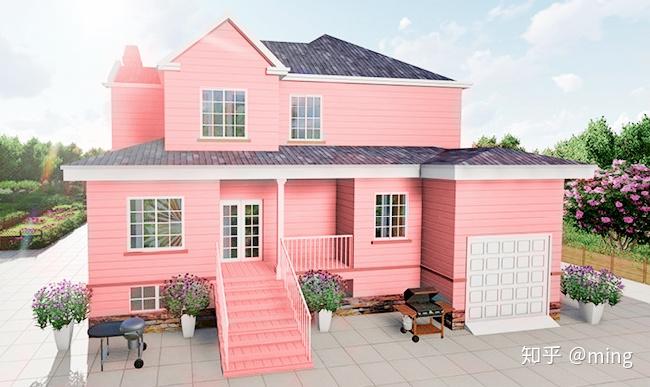 撩拨着清晨的雨雾,一幢以粉色外墙贴面砖与白色真石漆相间装饰的别墅