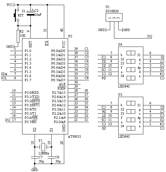 電路原理圖用一片ds18b20構成測溫系統,測量的溫度精度達到0.