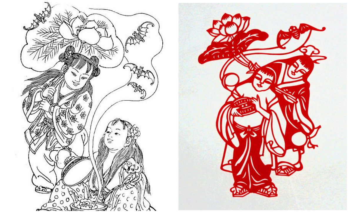 民间吉祥画,"和合二仙",便是一人手中持荷,一人捧盒,以示和合.